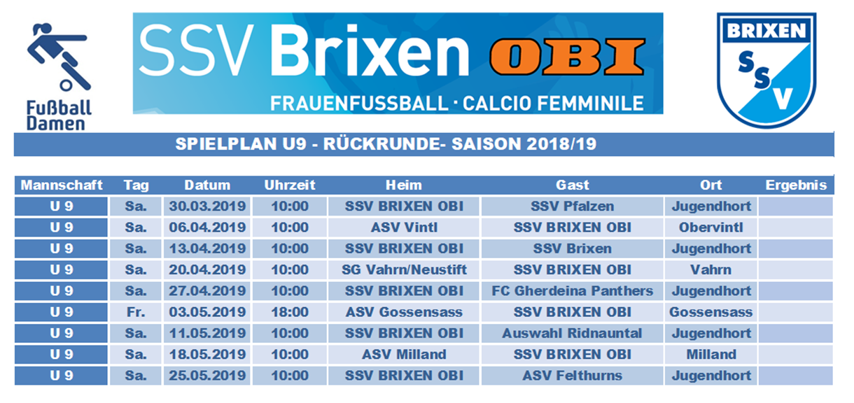 U9 - Spielplan Rückrunde 2018-19